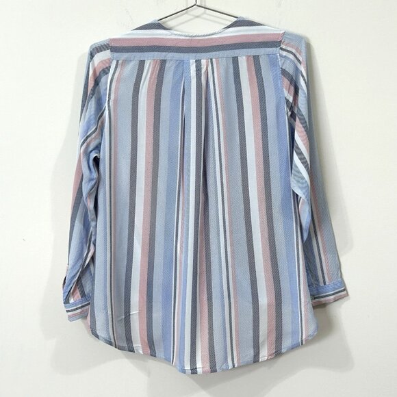 CYNTHIA ROWLEY Blouse Sz S Striped Rayon Faux Wrap V-Neck High Low Long Sleeve - Picture 2 of 13